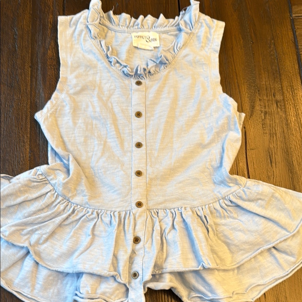 Blue Button Down Shirt with Ruffle Peplum